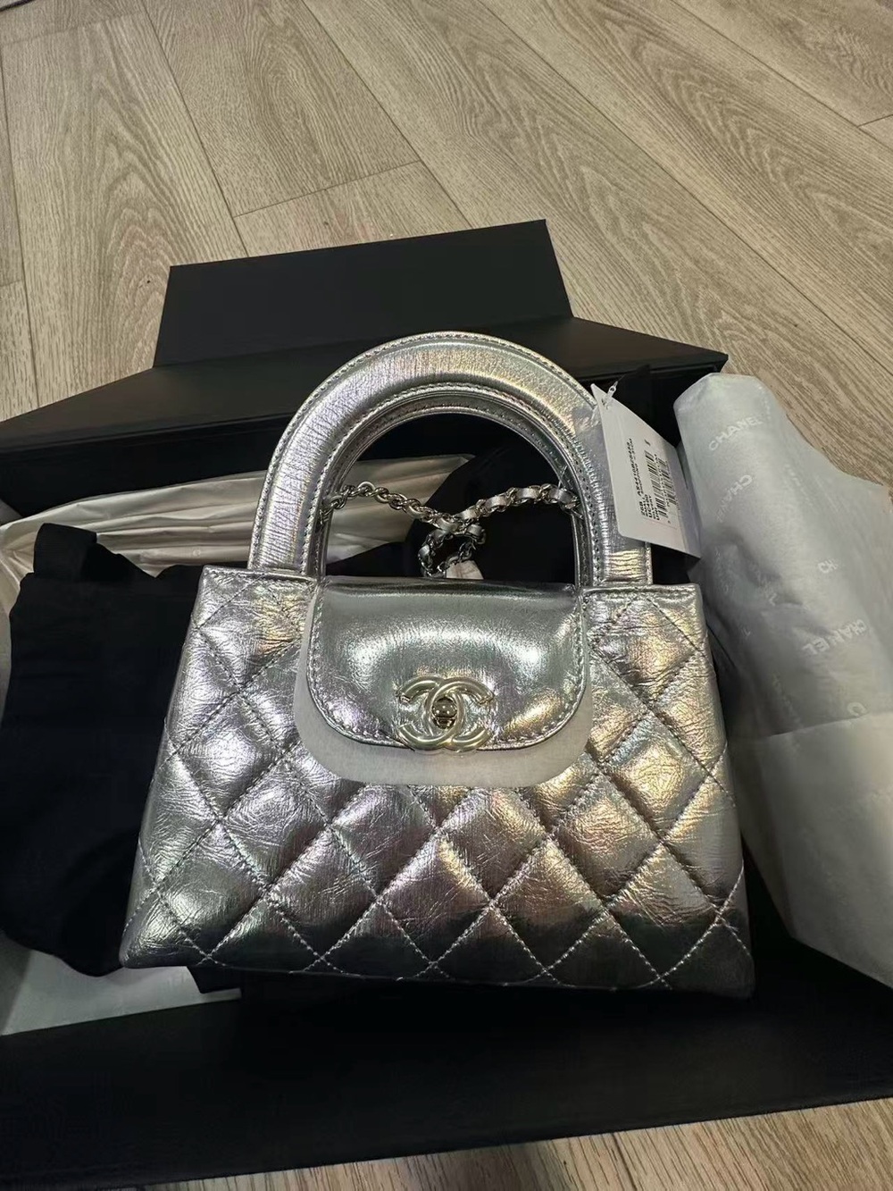CHANEL Metallic Silver Quilted Top-Handle Satchel